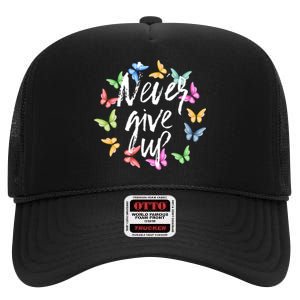 Never Ever Give Up Cool Novelty Quotes Graphic High Crown Mesh Back Trucker Hat