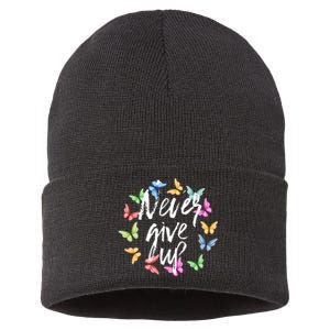 Never Ever Give Up Cool Novelty Quotes Graphic Sustainable Knit Beanie