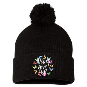 Never Ever Give Up Cool Novelty Quotes Graphic Pom Pom 12in Knit Beanie