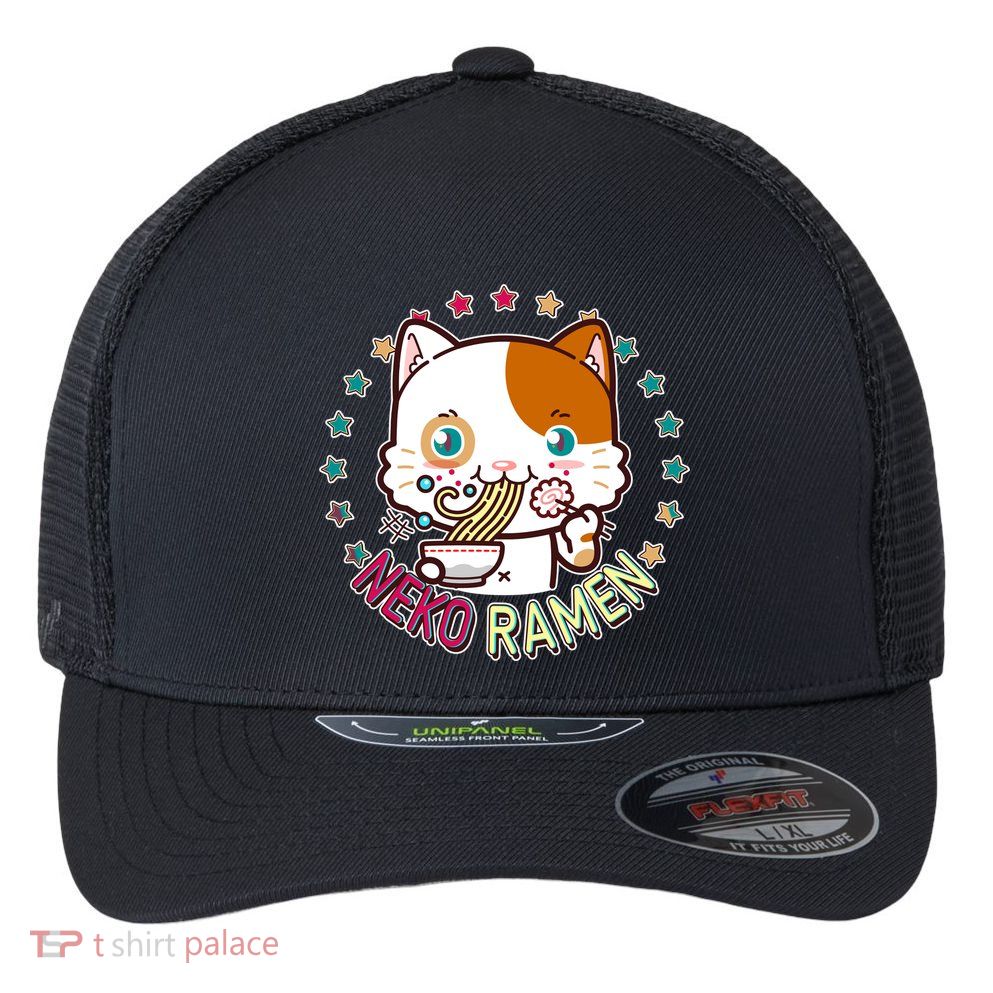 Neko Ramen Noodle Cat Flexfit Unipanel Trucker Cap