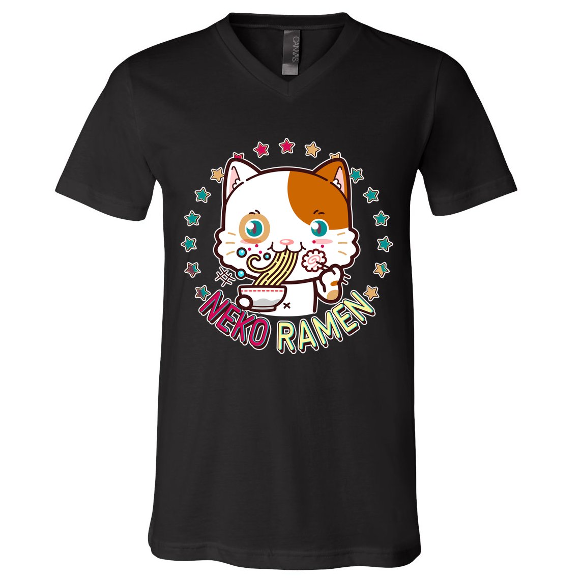 Neko Ramen Noodle Cat V-Neck T-Shirt