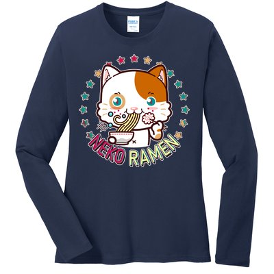 Neko Ramen Noodle Cat Ladies Long Sleeve Shirt