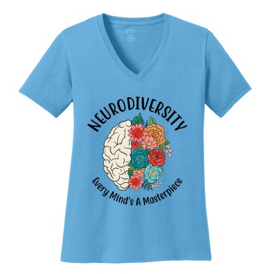 Neurodiversity Every Minds A Masterpiece Brain Floral Women's V-Neck T-Shirt