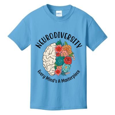Neurodiversity Every Minds A Masterpiece Brain Floral Kids T-Shirt