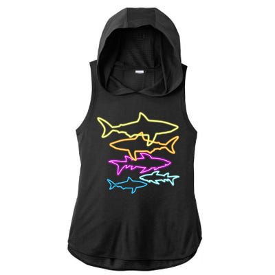 Neon Colorful Sharks  Ladies PosiCharge Tri-Blend Wicking Draft Hoodie Tank