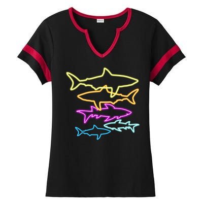 Neon Colorful Sharks  Ladies Halftime Notch Neck Tee