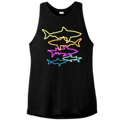 Neon Colorful Sharks  Ladies PosiCharge Tri-Blend Wicking Tank