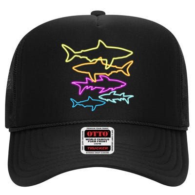 Neon Colorful Sharks  High Crown Mesh Back Trucker Hat