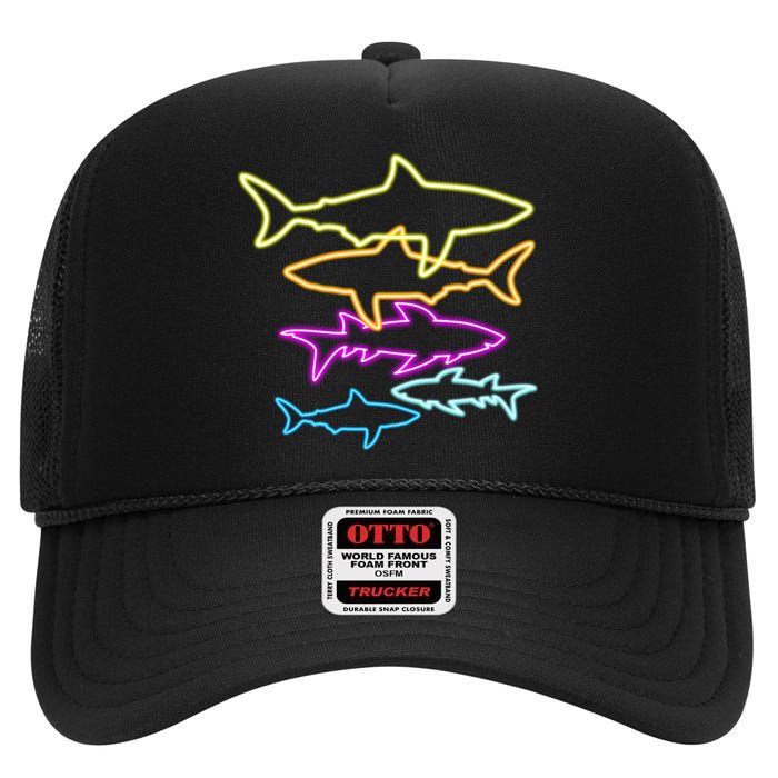 Neon Colorful Sharks  High Crown Mesh Back Trucker Hat