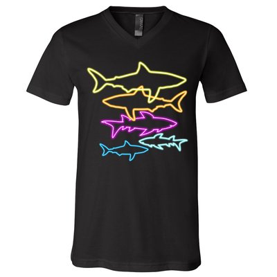 Neon Colorful Sharks  V-Neck T-Shirt