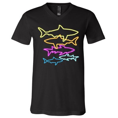 Neon Colorful Sharks  V-Neck T-Shirt