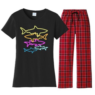 Neon Colorful Sharks  Women's Flannel Pajama Set