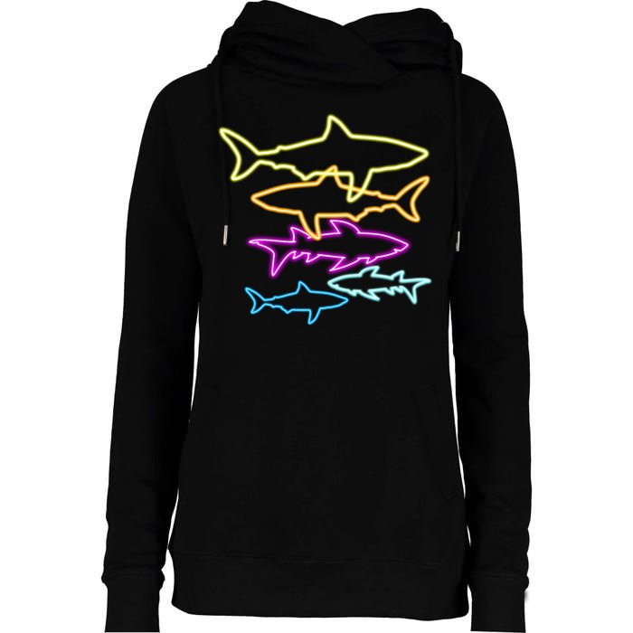 Neon Colorful Sharks  Womens Funnel Neck Pullover Hood