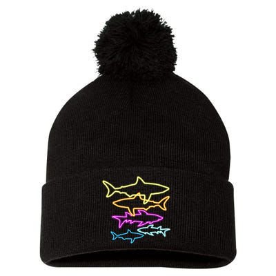 Neon Colorful Sharks  Pom Pom 12in Knit Beanie