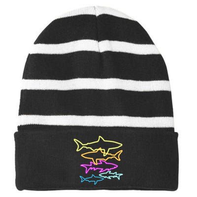 Neon Colorful Sharks  Striped Beanie with Solid Band