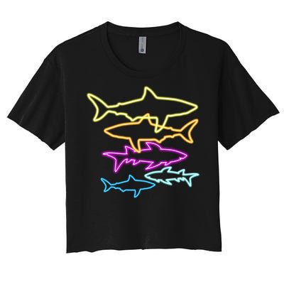 Neon Colorful Sharks  Women's Crop Top Tee