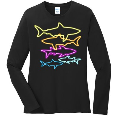 Neon Colorful Sharks  Ladies Long Sleeve Shirt