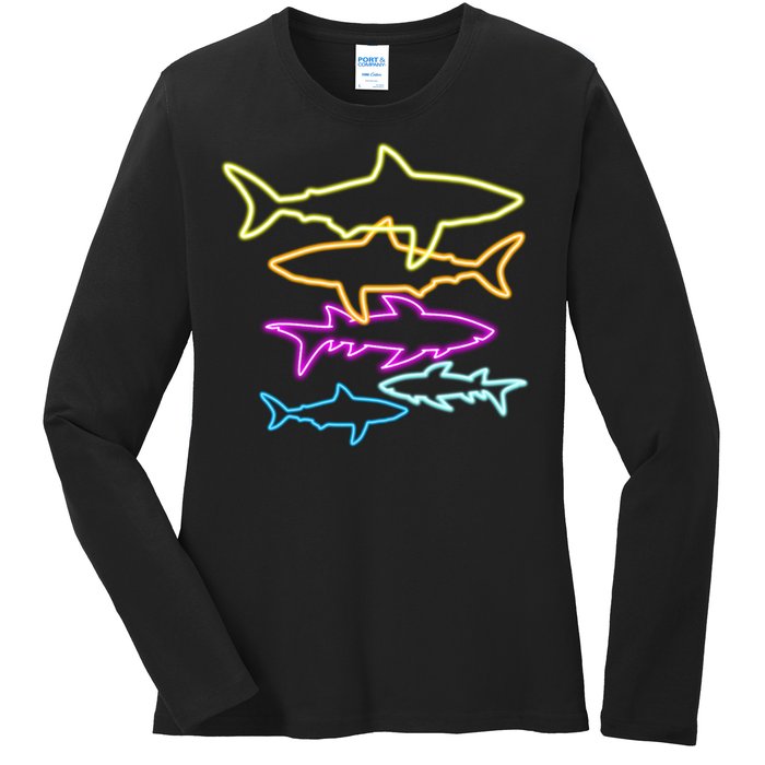 Neon Colorful Sharks  Ladies Long Sleeve Shirt