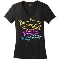 Neon Colorful Sharks  Women's V-Neck T-Shirt