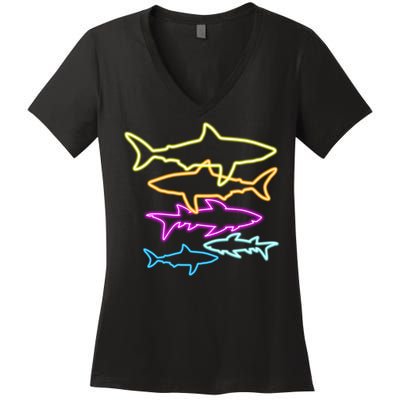 Neon Colorful Sharks  Women's V-Neck T-Shirt