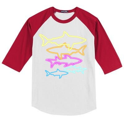 Neon Colorful Sharks  Kids Colorblock Raglan Jersey