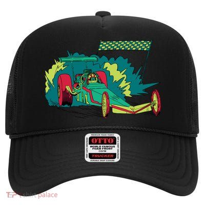 Neon Drag Racing Car High Crown Mesh Back Trucker Hat