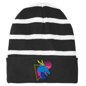 Neon Dragon Face Striped Beanie with Solid Band