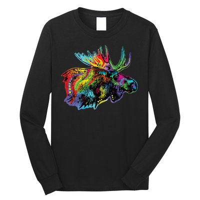 Neon Moose Colorful Animal Portrait Long Sleeve Shirt