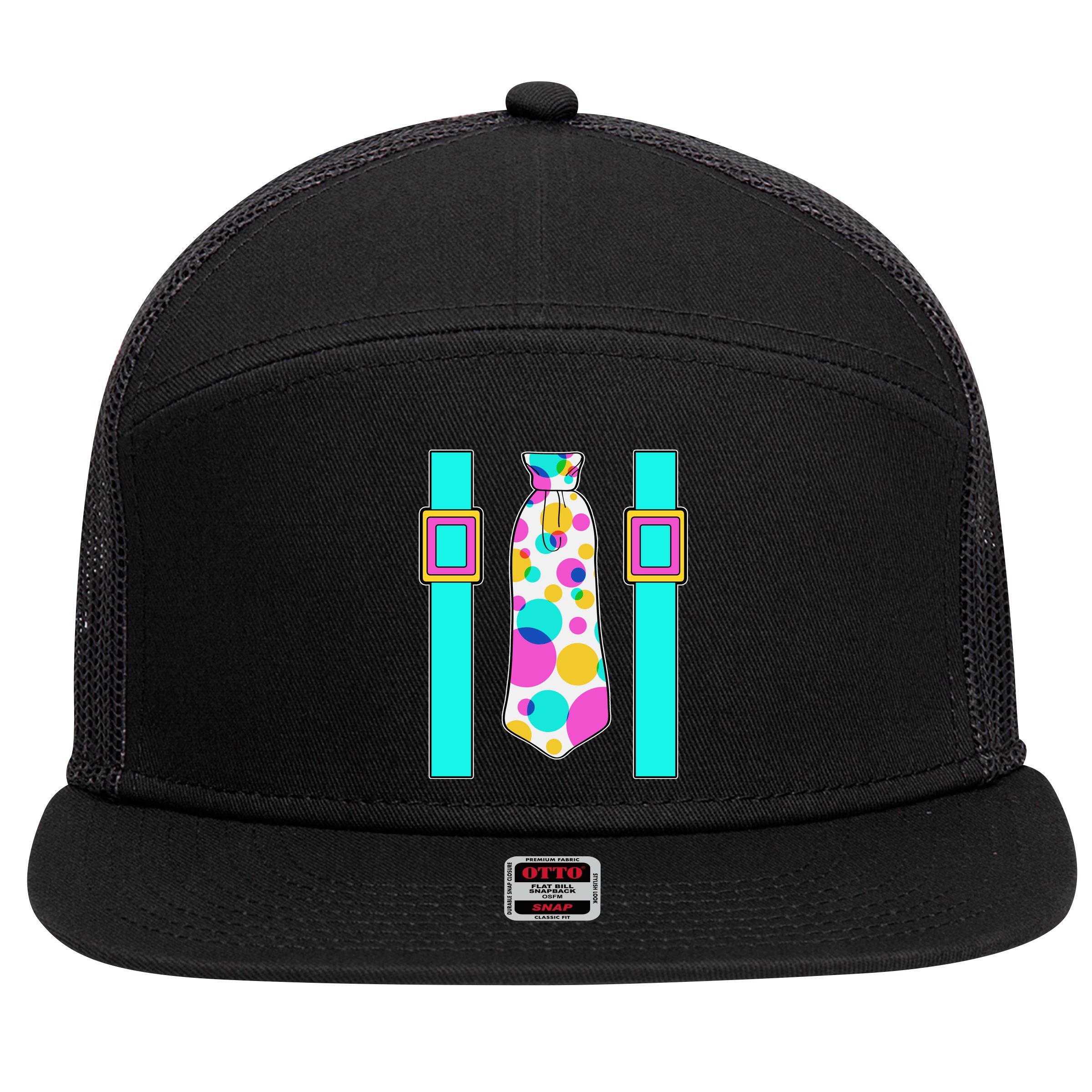 Neon Polka Dot 80s Party Tie And Suspenders 7 Panel Mesh Trucker Snapback Hat