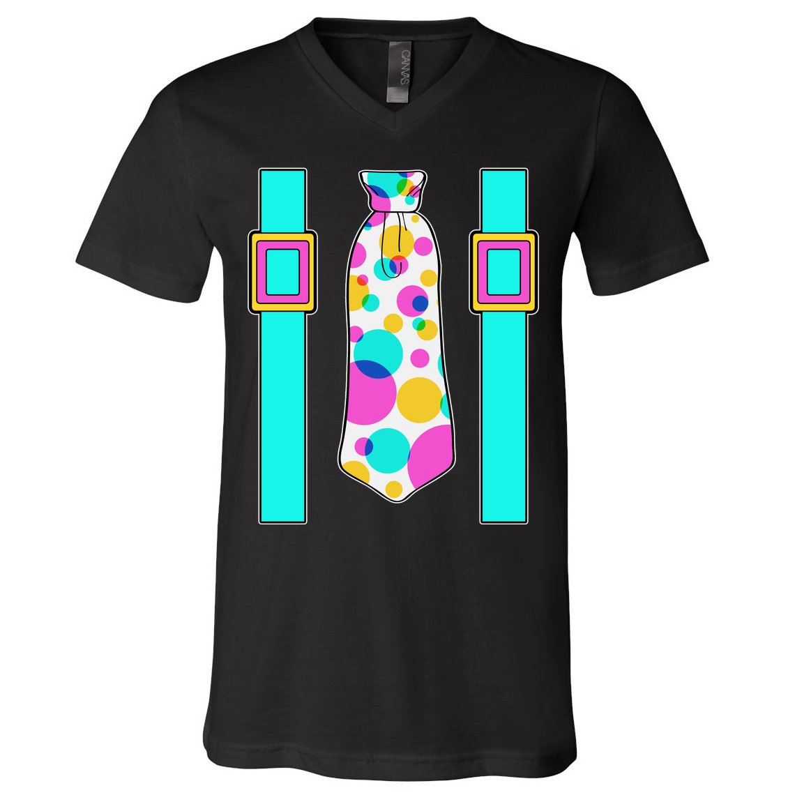 Neon Polka Dot 80s Party Tie And Suspenders V-Neck T-Shirt