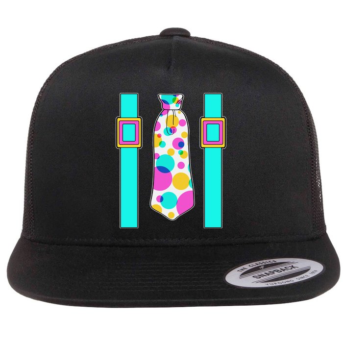 Neon Polka Dot 80s Party Tie And Suspenders Flat Bill Trucker Hat