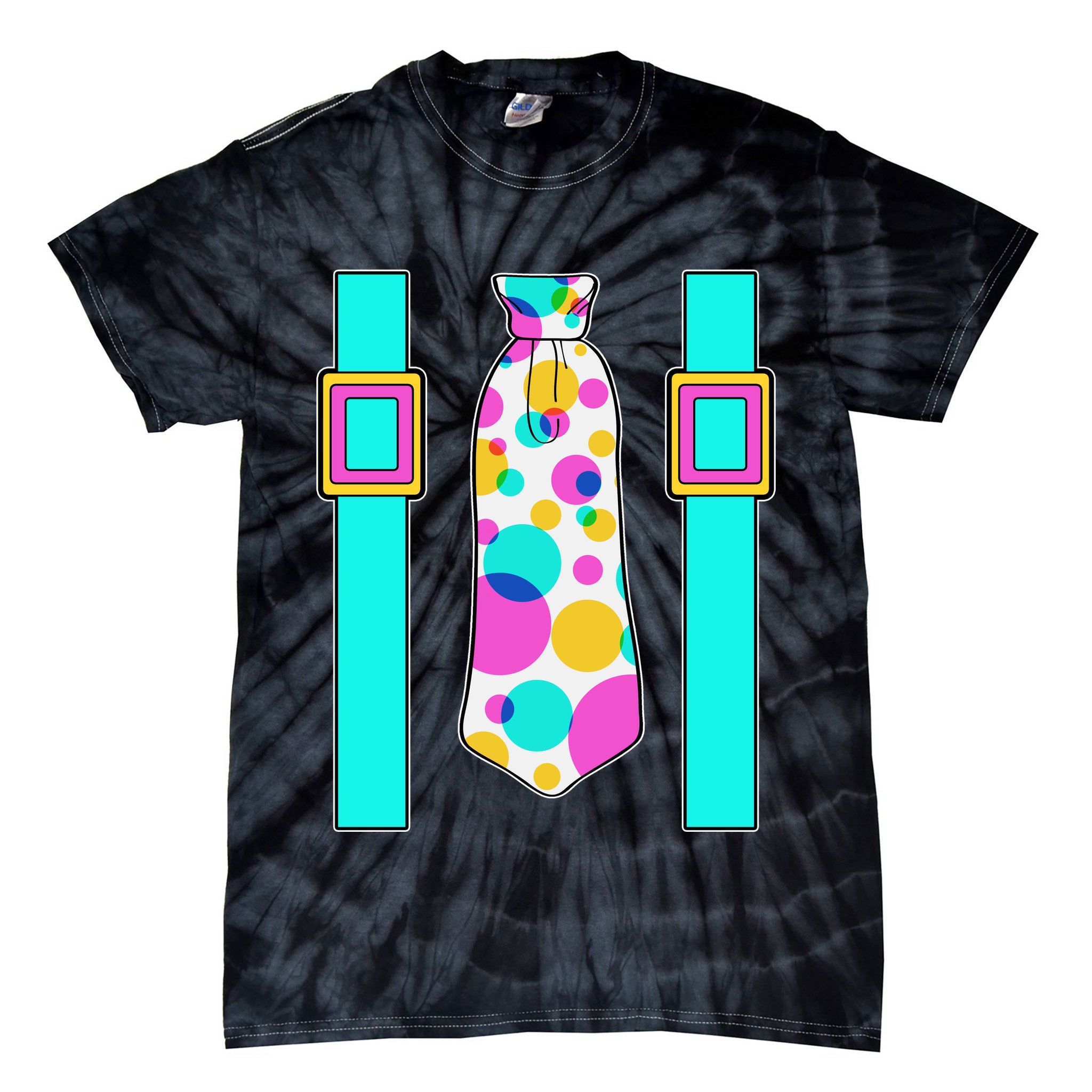 Neon Polka Dot 80s Party Tie And Suspenders Tie-Dye T-Shirt