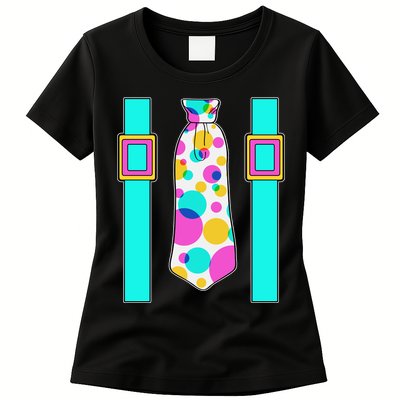 Neon Polka Dot 80s Party Tie And Suspenders Womens T-Shirt