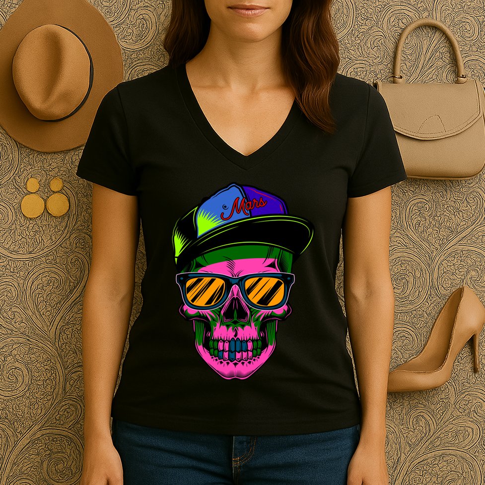 Neon Skeleton Mars Women's V-Neck T-Shirt