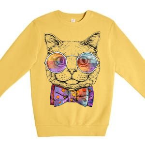 Nerd Cat With Glasses and Bow Tie Premium Crewneck Sweatshirt