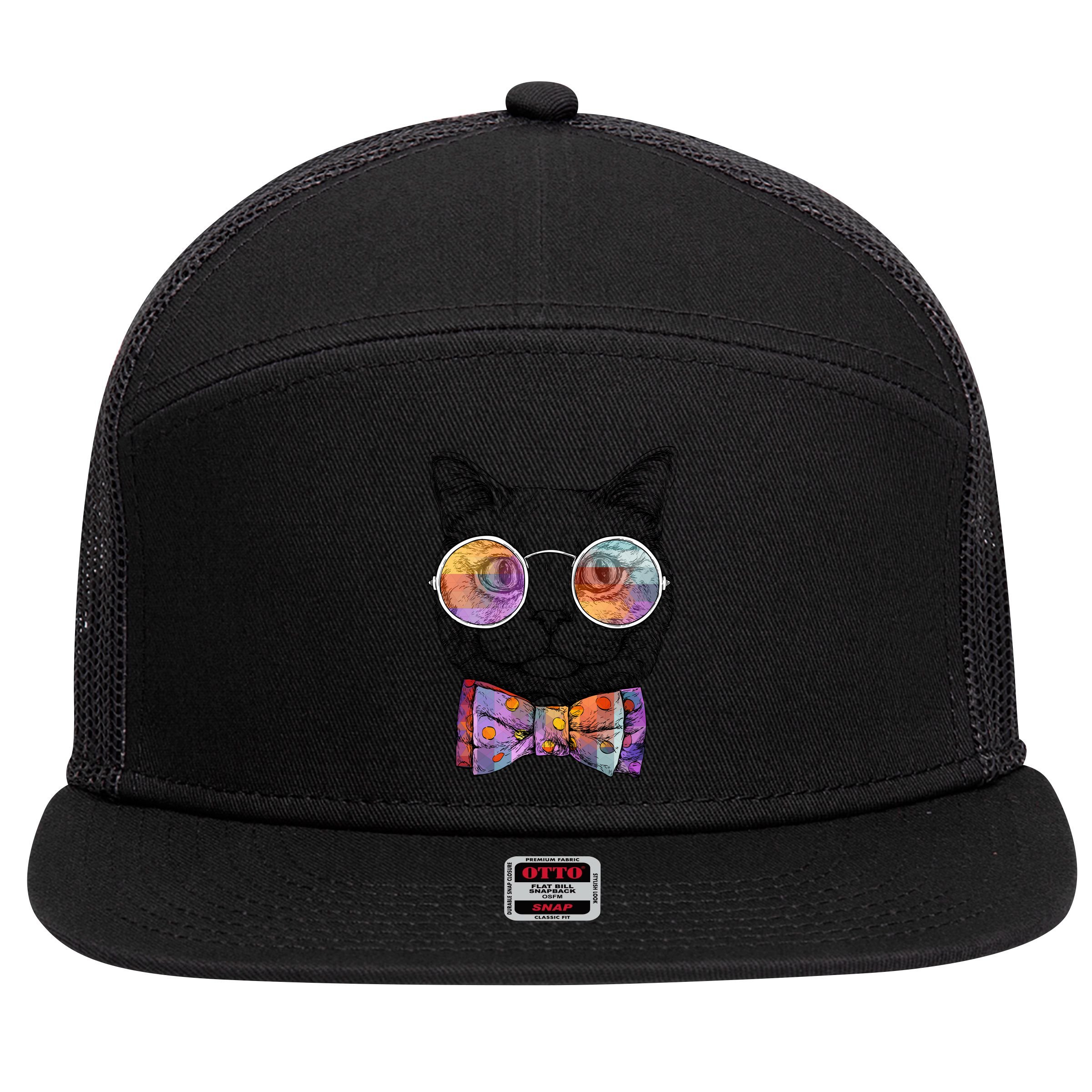 Nerd Cat With Glasses and Bow Tie 7 Panel Mesh Trucker Snapback Hat