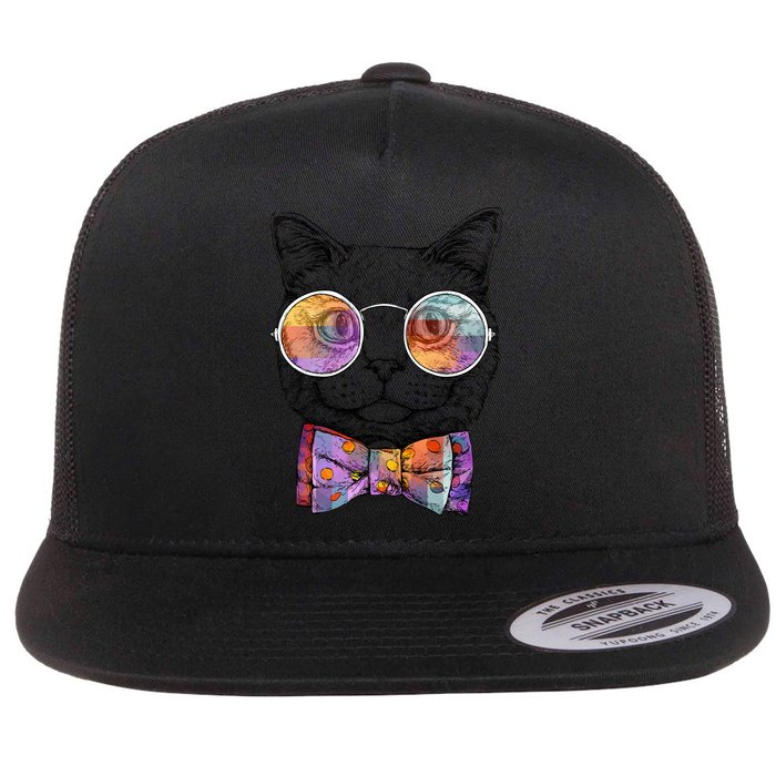 Nerd Cat With Glasses and Bow Tie Flat Bill Trucker Hat