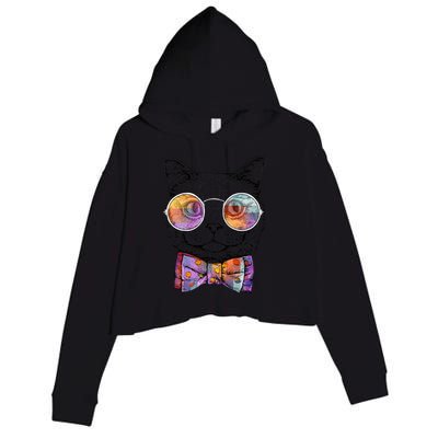 Nerd Cat With Glasses and Bow Tie Crop Fleece Hoodie