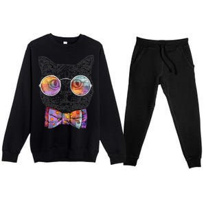 Nerd Cat With Glasses and Bow Tie Premium Crewneck Sweatsuit Set