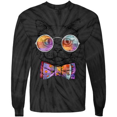 Nerd Cat With Glasses and Bow Tie Tie-Dye Long Sleeve Shirt