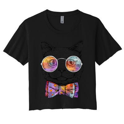 Nerd Cat With Glasses and Bow Tie Crop Top