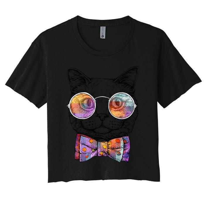 Nerd Cat With Glasses and Bow Tie Crop Top