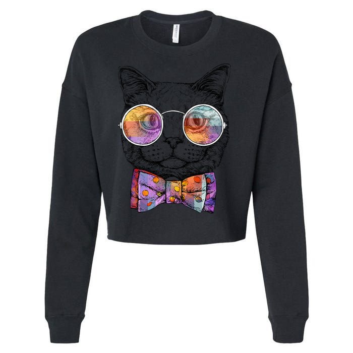 Nerd Cat With Glasses and Bow Tie Cropped Pullover Crew