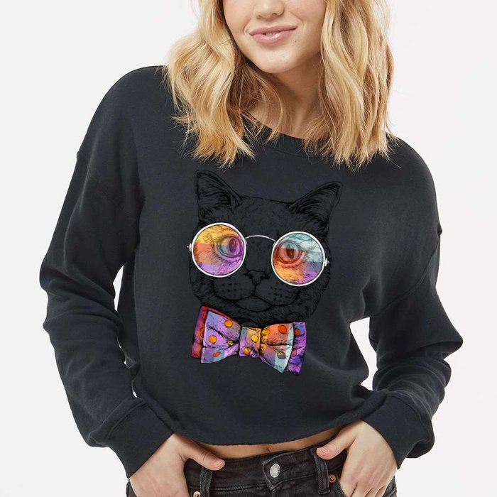 Nerd Cat With Glasses and Bow Tie Cropped Pullover Crew