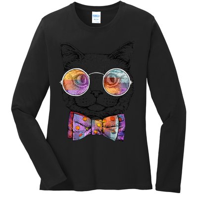 Nerd Cat With Glasses and Bow Tie Ladies Long Sleeve Shirt