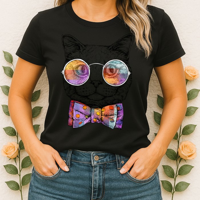 Nerd Cat With Glasses and Bow Tie Womens T-Shirt