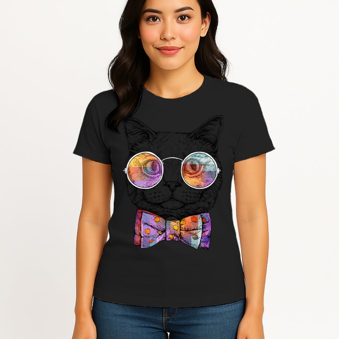 Nerd Cat With Glasses and Bow Tie Womens T-Shirt