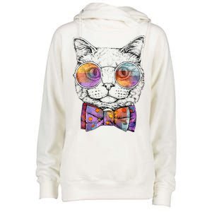 Nerd Cat With Glasses and Bow Tie Womens Funnel Neck Pullover Hood