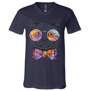 Nerd Cat With Glasses and Bow Tie V-Neck T-Shirt