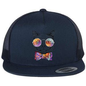 Nerd Cat With Glasses and Bow Tie Flat Bill Trucker Hat